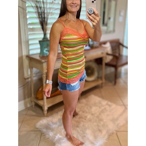 ❤️‍🔥Striped Low Cut Cleavage Retro Lace Summer Tank Cami Top Tunic Peach 0125 - Picture 3 of 6